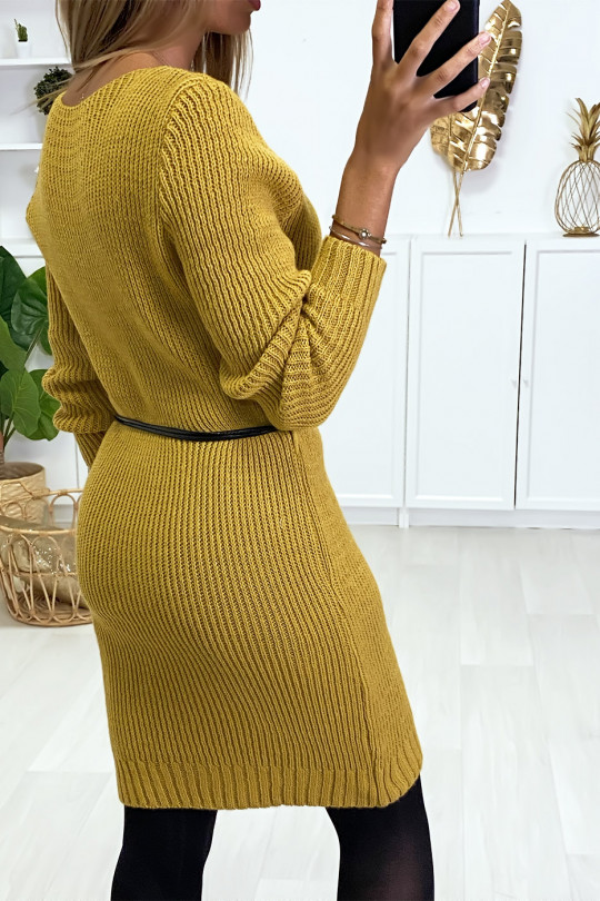 Mustard sweater dress in mesh and faux leather belt. - 5