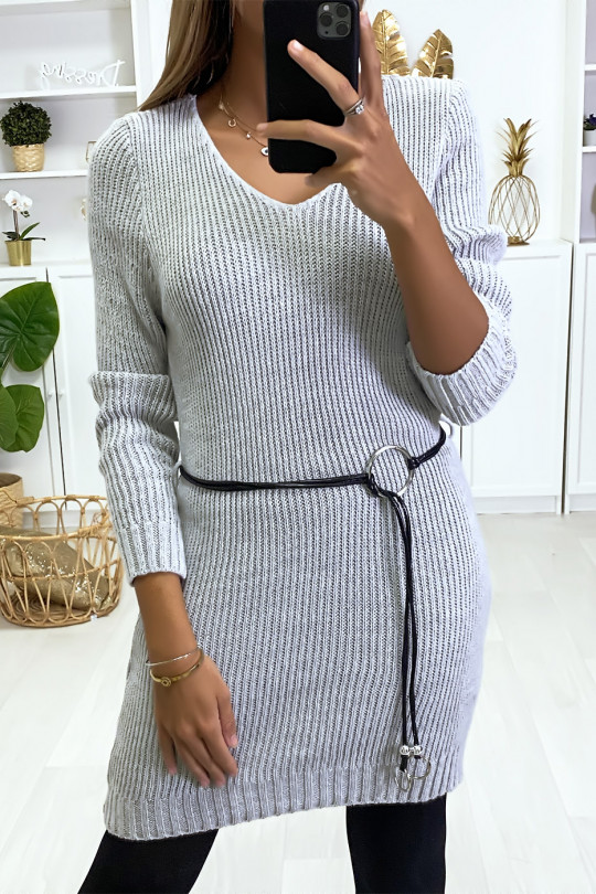 Gray knit sweater dress and faux leather belt. - 1