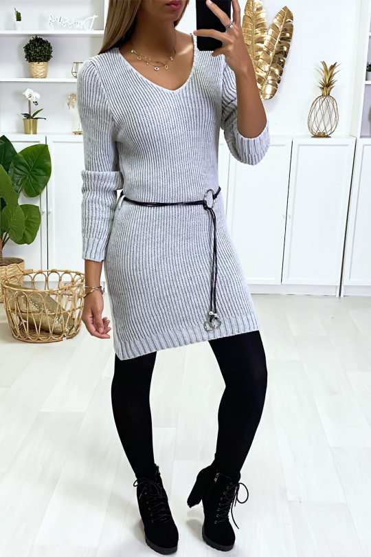 Gray knit sweater dress and faux leather belt. - 4