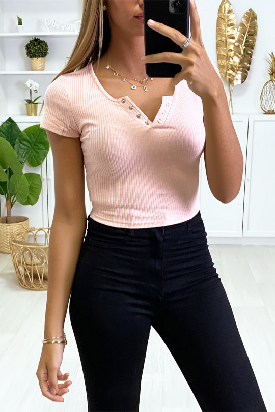 Pink ribbed V-neck cropped top with decorative press studs. - 2