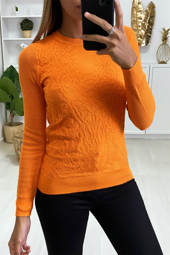 Orange Jacquard pattern sweater, ribbed sleeves. - 1