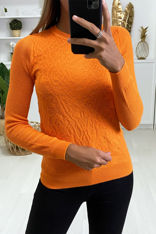 Orange Jacquard pattern sweater, ribbed sleeves. - 2