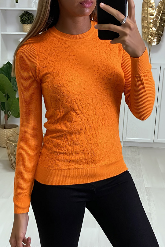 Orange Jacquard pattern sweater, ribbed sleeves. - 3