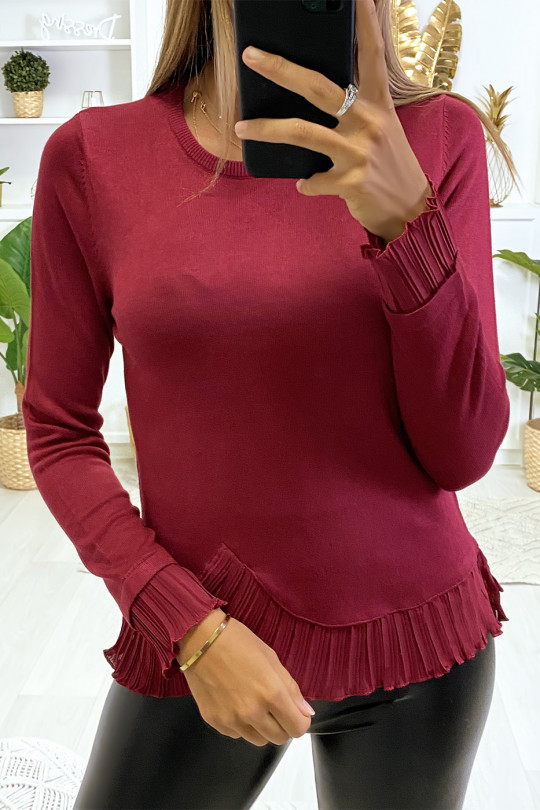 Bordeaux fine-knit sweater with pleated crepe at the ends. - 1