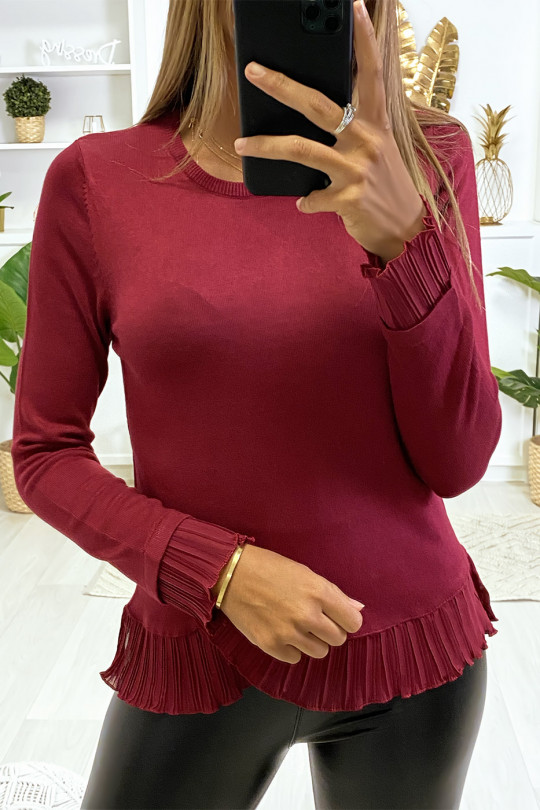 Bordeaux fine-knit sweater with pleated crepe at the ends. - 2