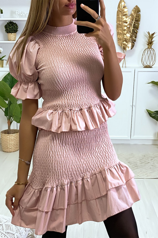 Pink Ruched Sweater and Skirt Set with A-Line Ruffle - 1