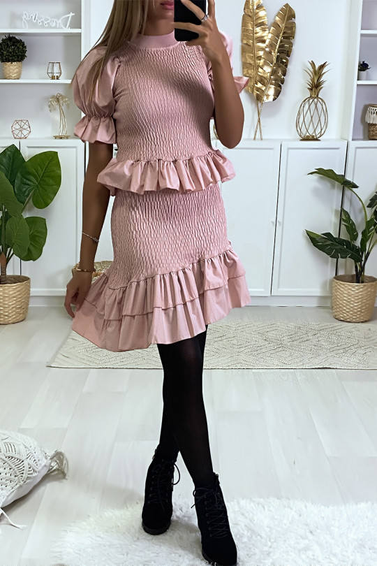 Pink Ruched Sweater and Skirt Set with A-Line Ruffle - 2