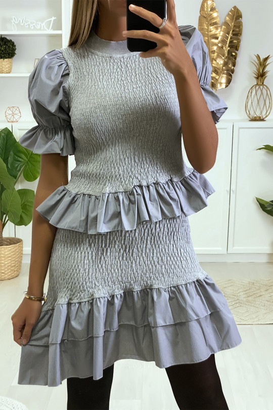 Gray Ruched Sweater and Skirt Set with A-Line Ruffle - 1