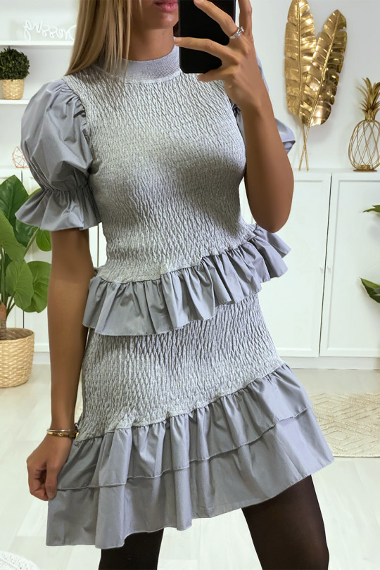 Gray Ruched Sweater and Skirt Set with A-Line Ruffle - 3