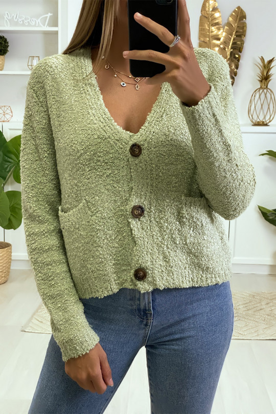 Khaki cardigan and tank top in warm chenille knit fabric - 2