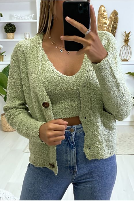 Khaki cardigan and tank top in warm chenille knit fabric - 3