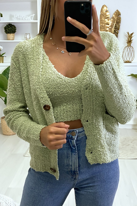 Khaki cardigan and tank top in warm chenille knit fabric - 3