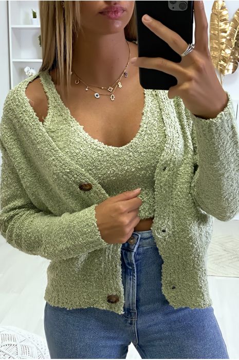 Khaki cardigan and tank top in warm chenille knit fabric - 4