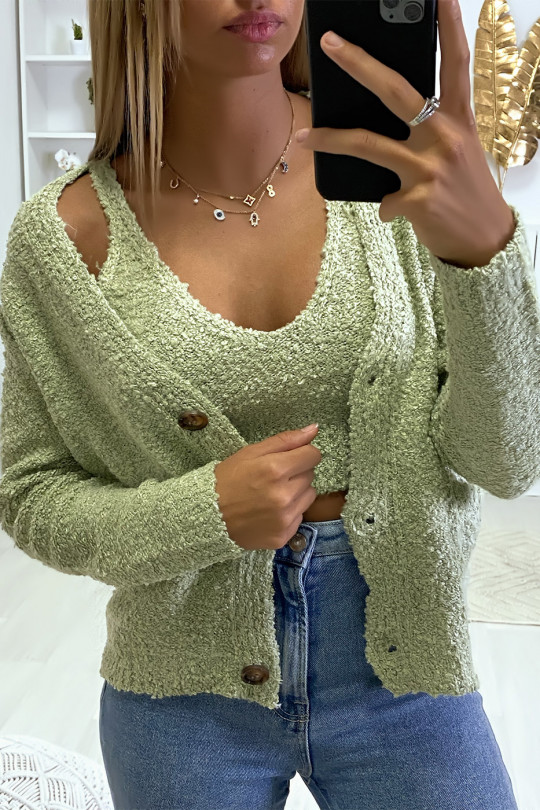 Khaki cardigan and tank top in warm chenille knit fabric - 4