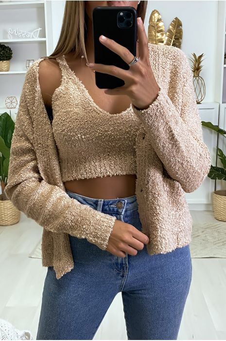 Taupe vest en tanktop van warme chenille breisel - 3