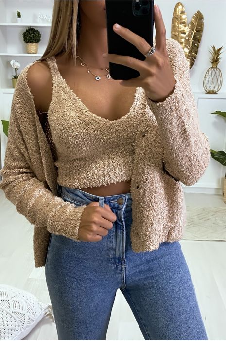 Taupe cardigan and tank top in warm chenille knit fabric - 4