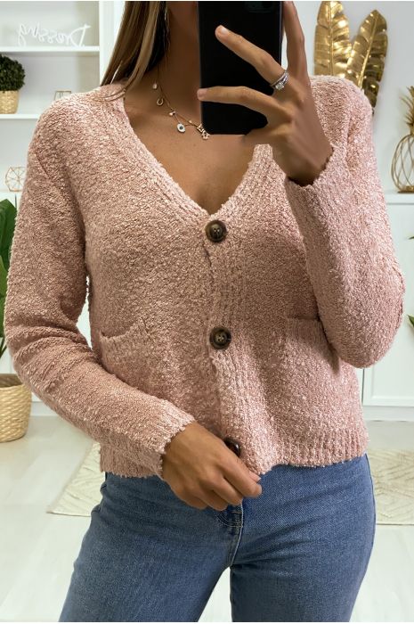 Gilet et débardeur rose en matière tricot chenille bien chaud - 1