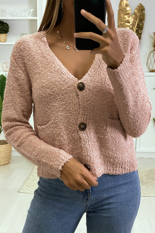Pink cardigan and tank top in warm chenille knit fabric - 1