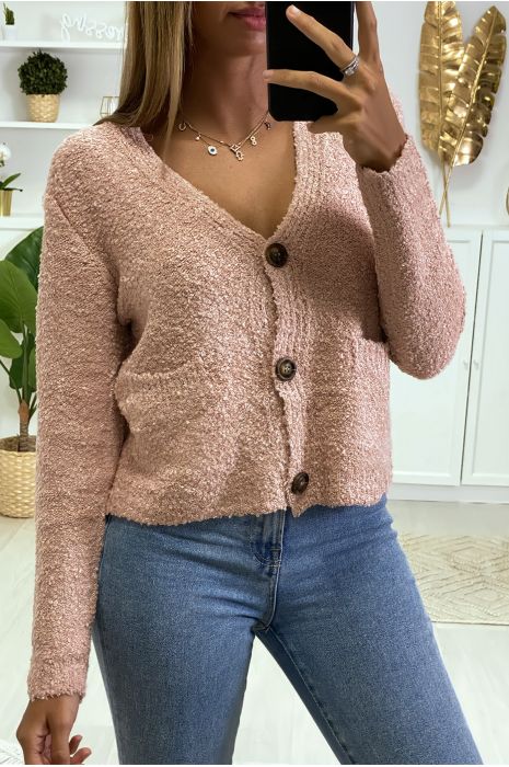 Pink cardigan and tank top in warm chenille knit fabric - 2