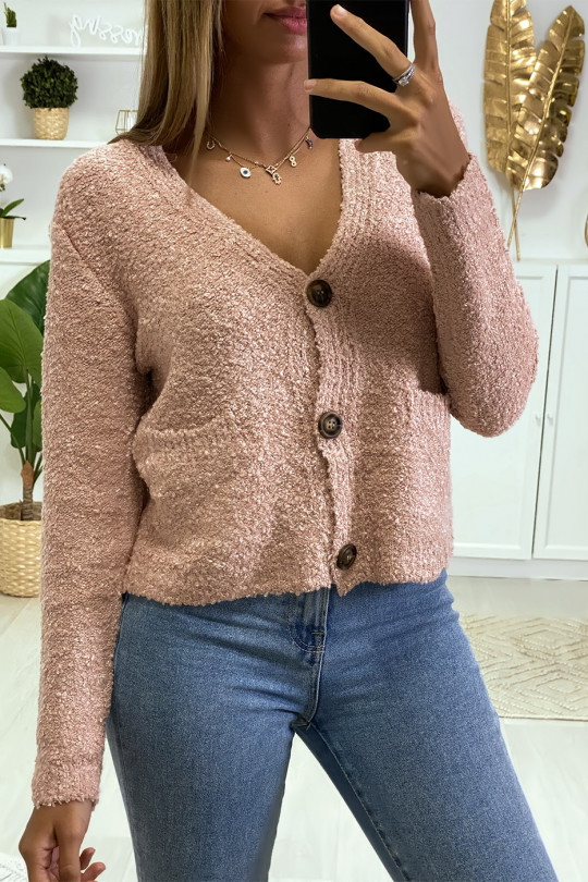 Pink cardigan and tank top in warm chenille knit fabric - 2