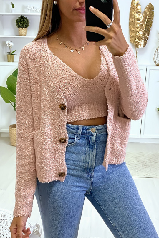 Pink cardigan and tank top in warm chenille knit fabric - 3