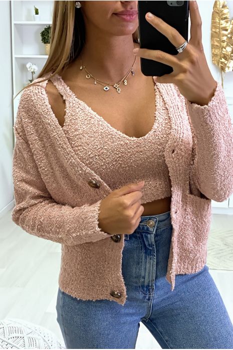 Roze vest en tanktop in warme chenille gebreide stof - 4