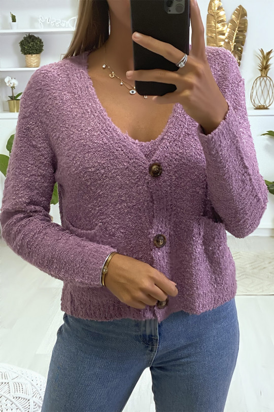 Lilac cardigan and tank top in warm chenille knit fabric - 1