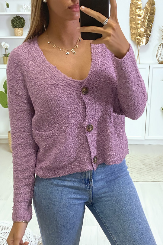 Lilac cardigan and tank top in warm chenille knit fabric - 2