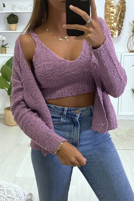 Lilac cardigan and tank top in warm chenille knit fabric - 3