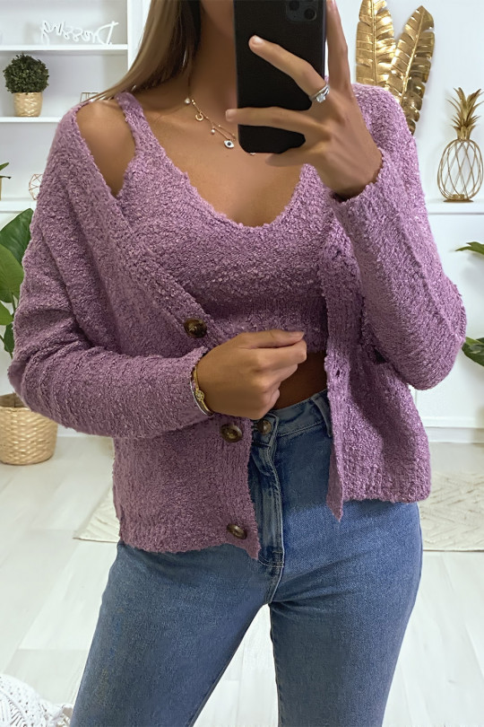 Lilac cardigan and tank top in warm chenille knit fabric - 4