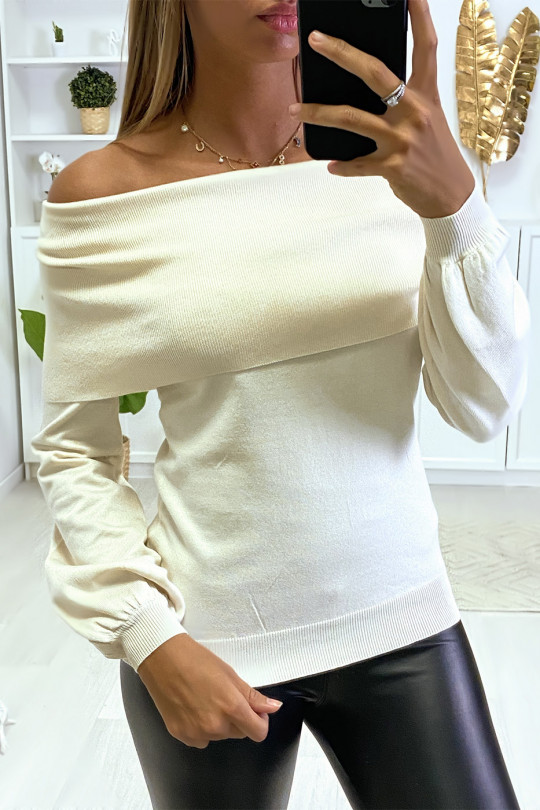 Beige ribbed knit sweater with dropped boat neck. - 2
