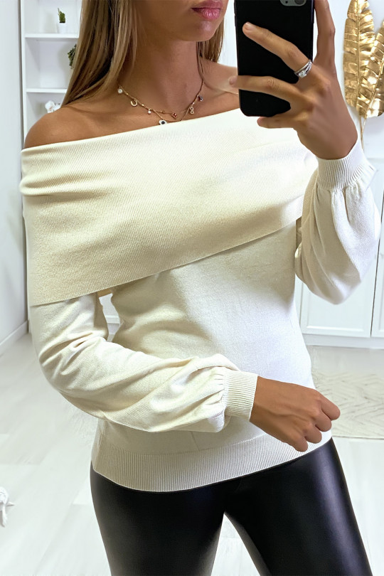 Beige ribbed knit sweater with dropped boat neck. - 3