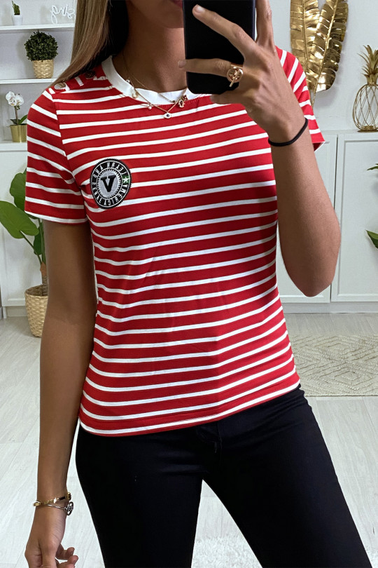 Red and white sailor-style t-shirt with buttons on the shoulders - 1