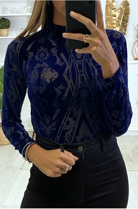 BoNB van marineblauw fluweel en mesh met hoge kraag en rugsluiting - 1