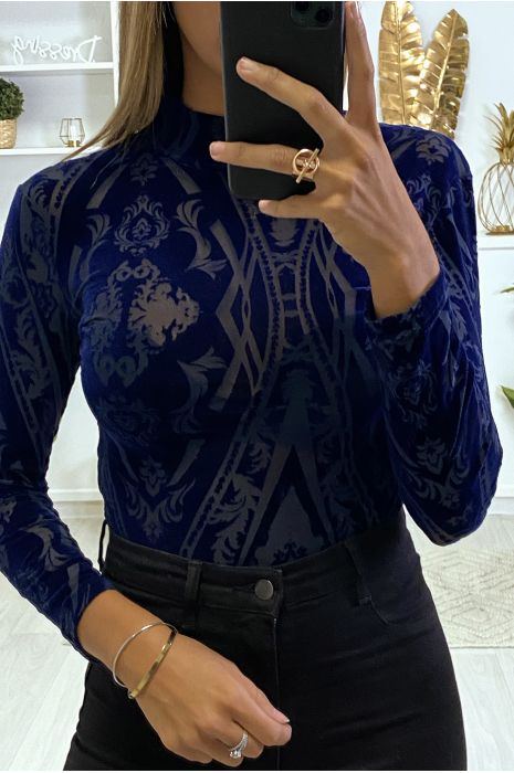 NaBB velvet and mesh bodysuit with high collar and back closure - 3