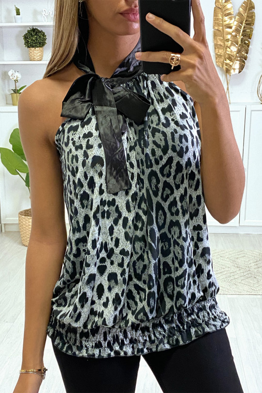 Top gris et noir à motifs léopard avec attache au cou.6079 - 1