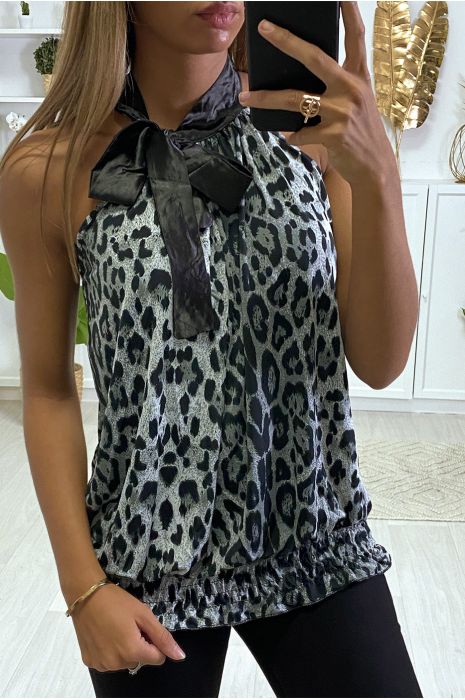 Top gris et noir à motifs léopard avec attache au cou.6079 - 2