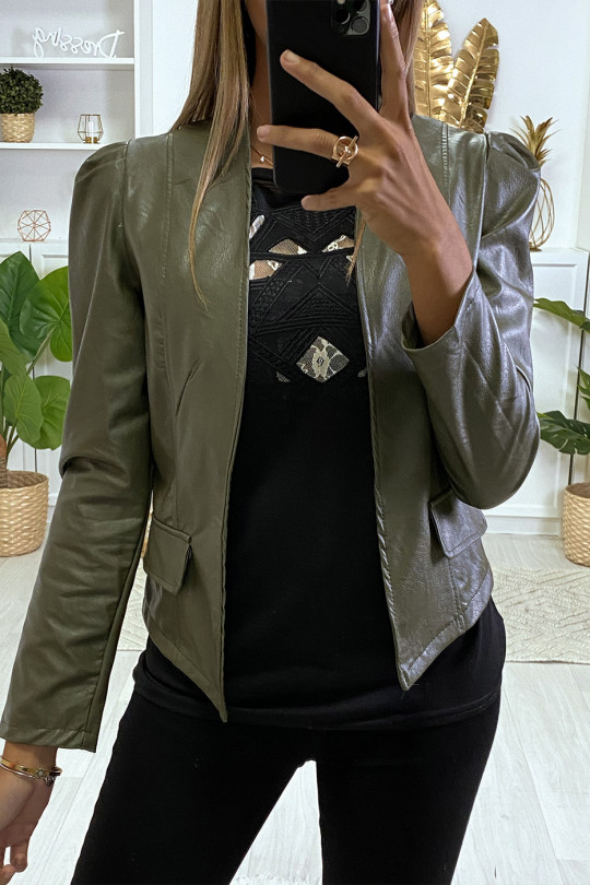 leather jacket with puff shoulders