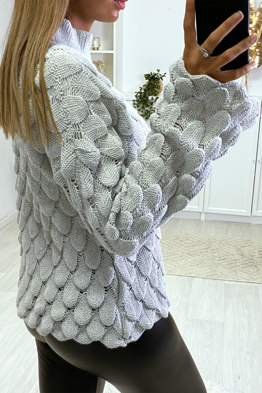 Mooie grijze trui met bladmotief en uitlopende mouwen - 3