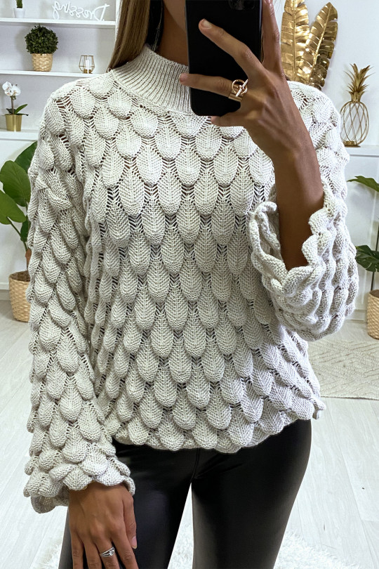 Pretty beige leaf pattern sweater with flared sleeves - 1