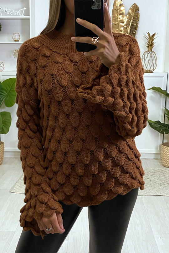 Pretty camel leaf pattern sweater with flared sleeves - 1