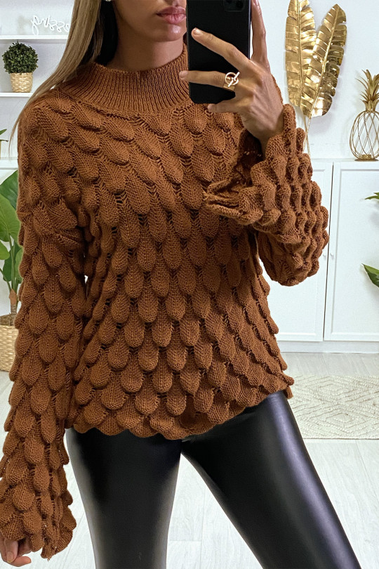 Mooie trui met camelkleurig bladmotief en wijd uitlopende mouwen - 2