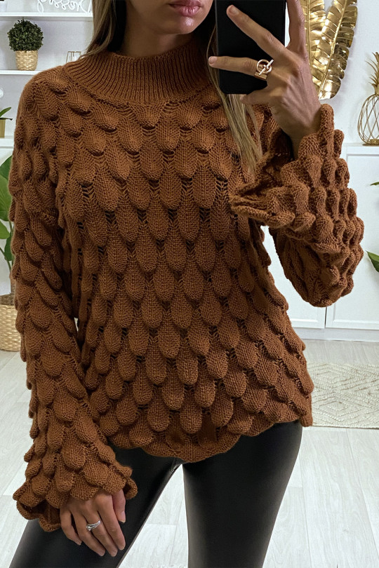 Mooie trui met camelkleurig bladmotief en wijd uitlopende mouwen - 3