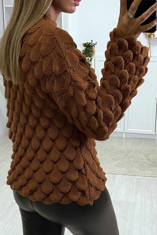 Mooie trui met camelkleurig bladmotief en wijd uitlopende mouwen - 4