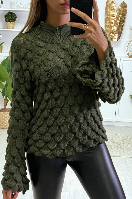Pretty khaki leaf pattern sweater with flared sleeves - 1