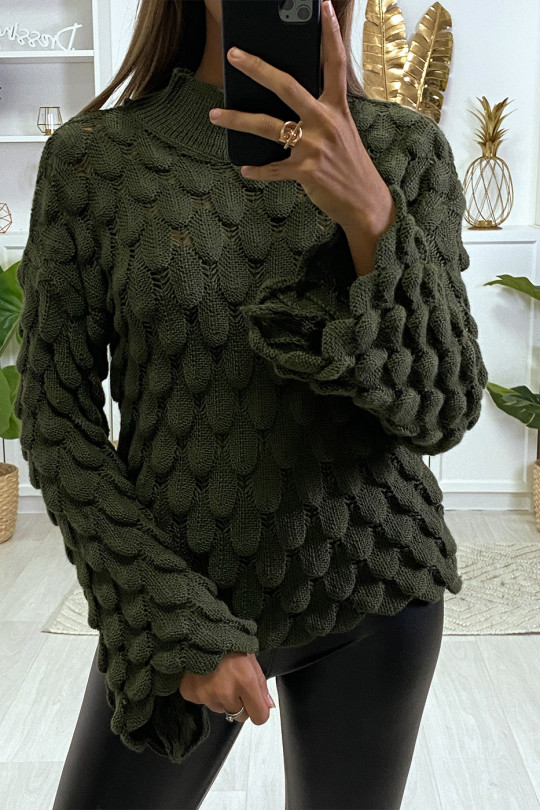 Pretty khaki leaf pattern sweater with flared sleeves - 2