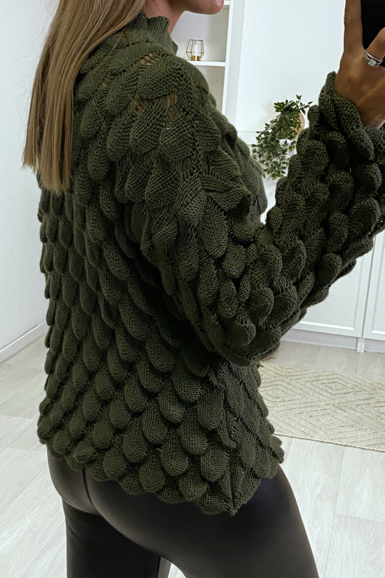 Mooie kaki trui met bladmotief en wijd uitlopende mouwen - 3