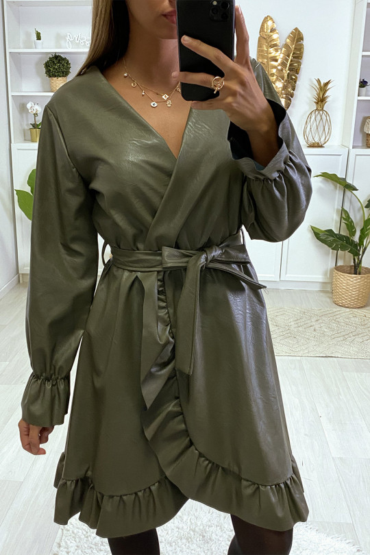 Khaki faux leather wrap dress with flounce - 2