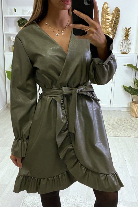 Khaki faux leather wrap dress with flounce - 3