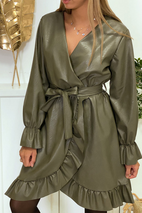 Khaki faux leather wrap dress with flounce - 4